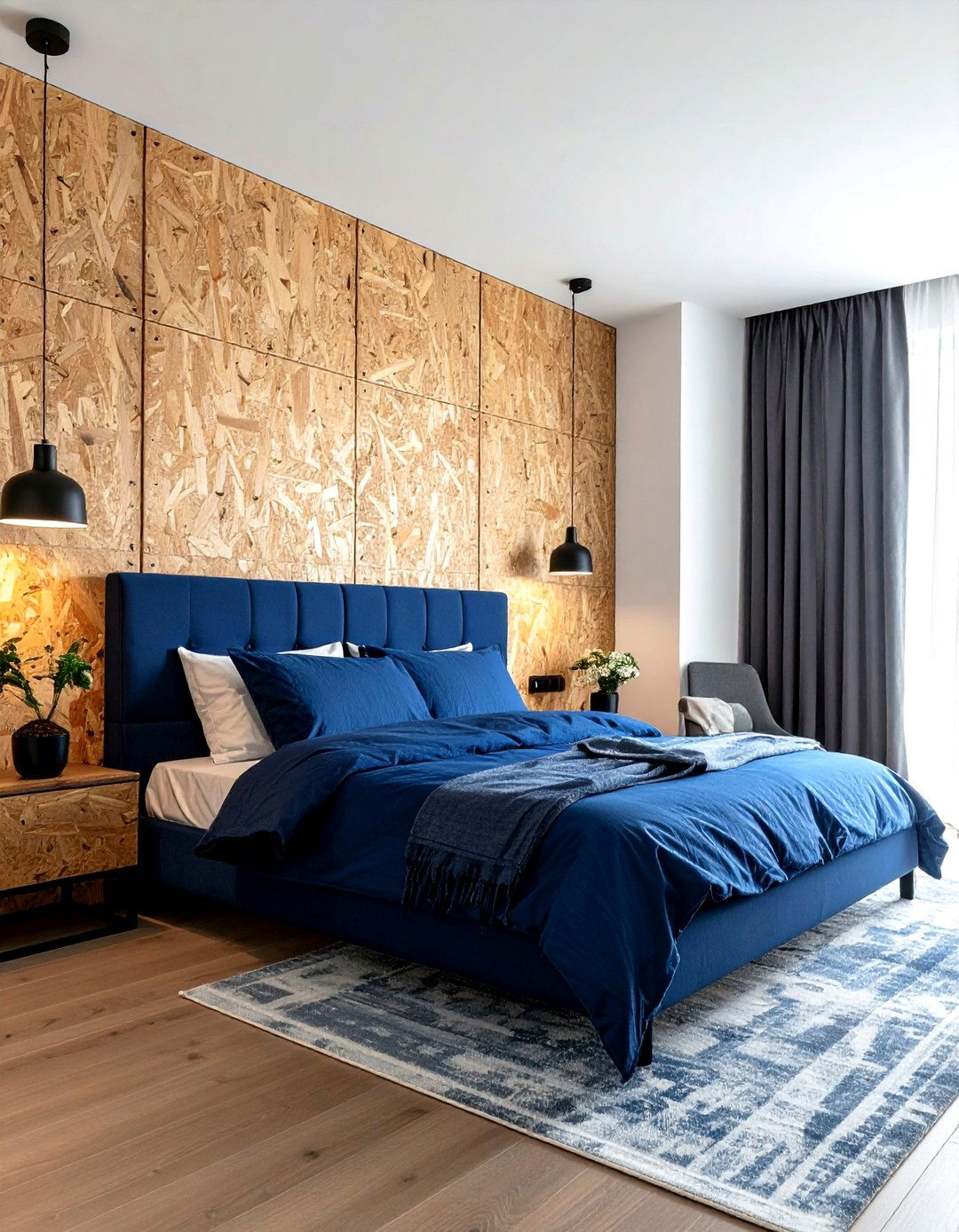 Plywood Wall Blue Bedding - 30 industrial blue bedroom ideas