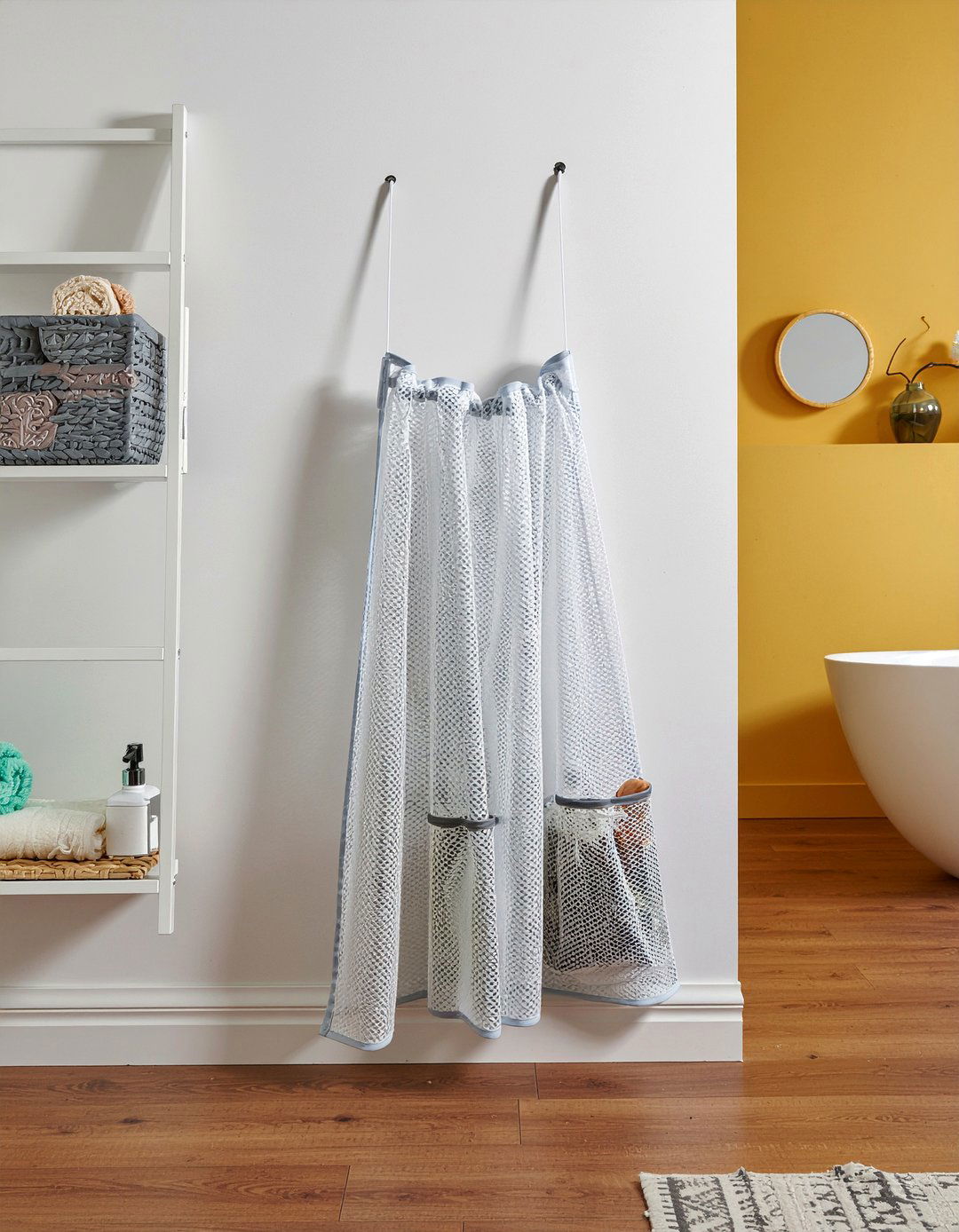Pocket shower curtain - 30 small bathroom storage ideas