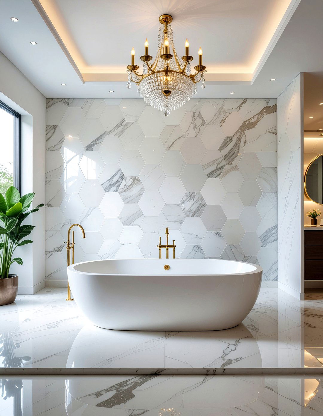 Polished Marble Hexagon Tile Wall - 30 marble hexagon tile bathroom ideas