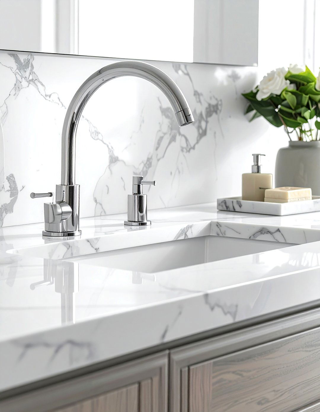 Polished Nickel Faucet Marble Vanity - 30 polished nickel bathroom ideas