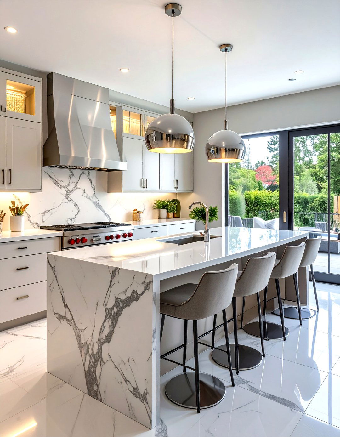 Polished Nickel Pendant Lights Marble Island - 30 nickel accent kitchen ideas