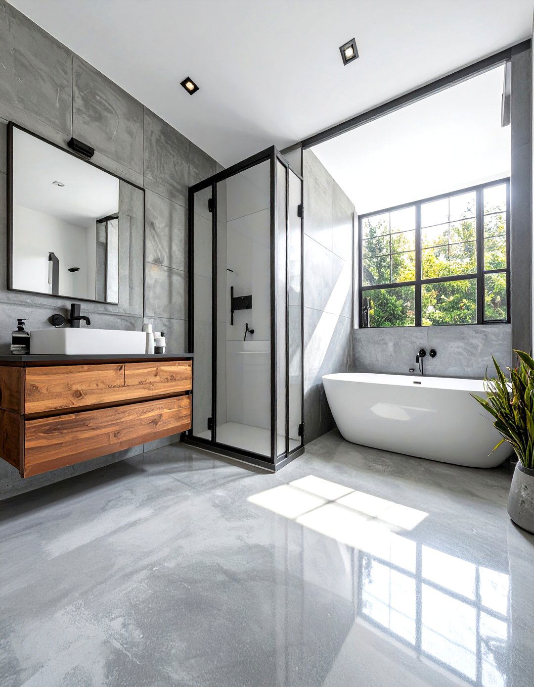 Polished concrete floor - 30 townhouse bathroom ideas