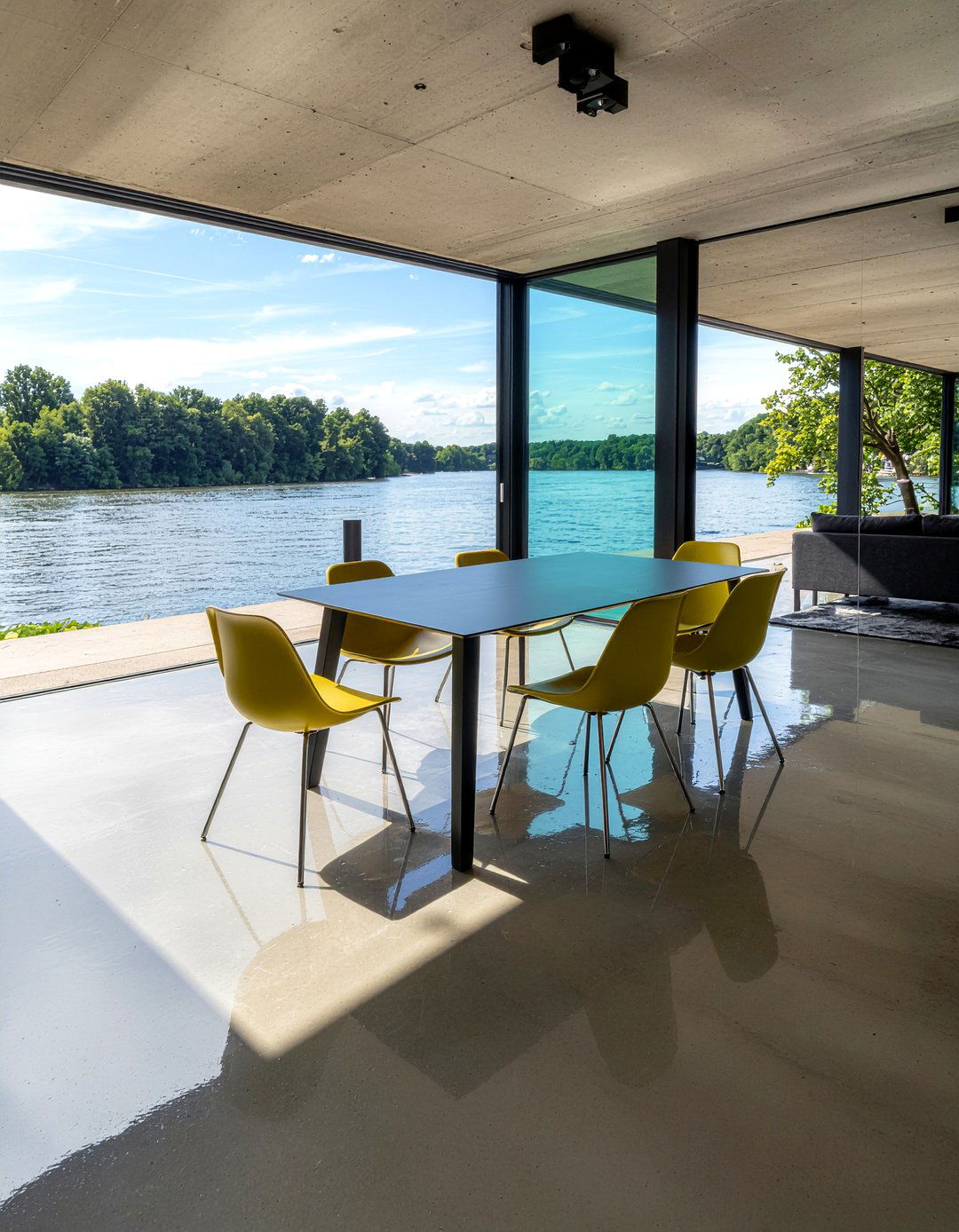 Polished concrete floors - 30 riverside dining room ideas