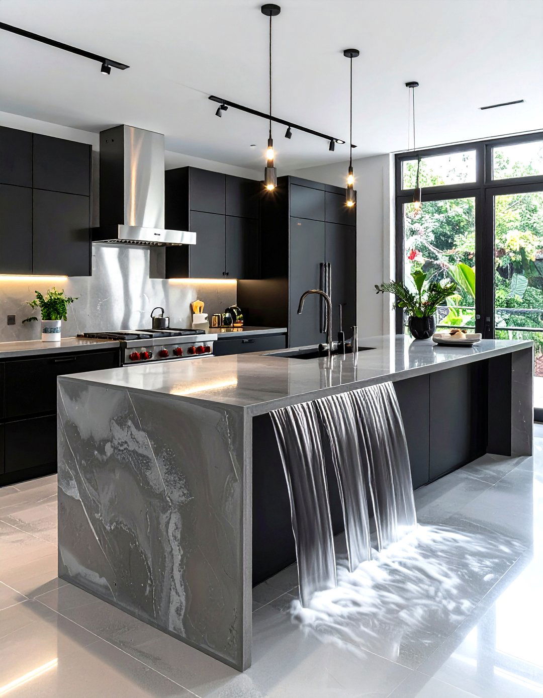 Polished concrete waterfall countertop - 30 waterfall countertop kitchen ideas