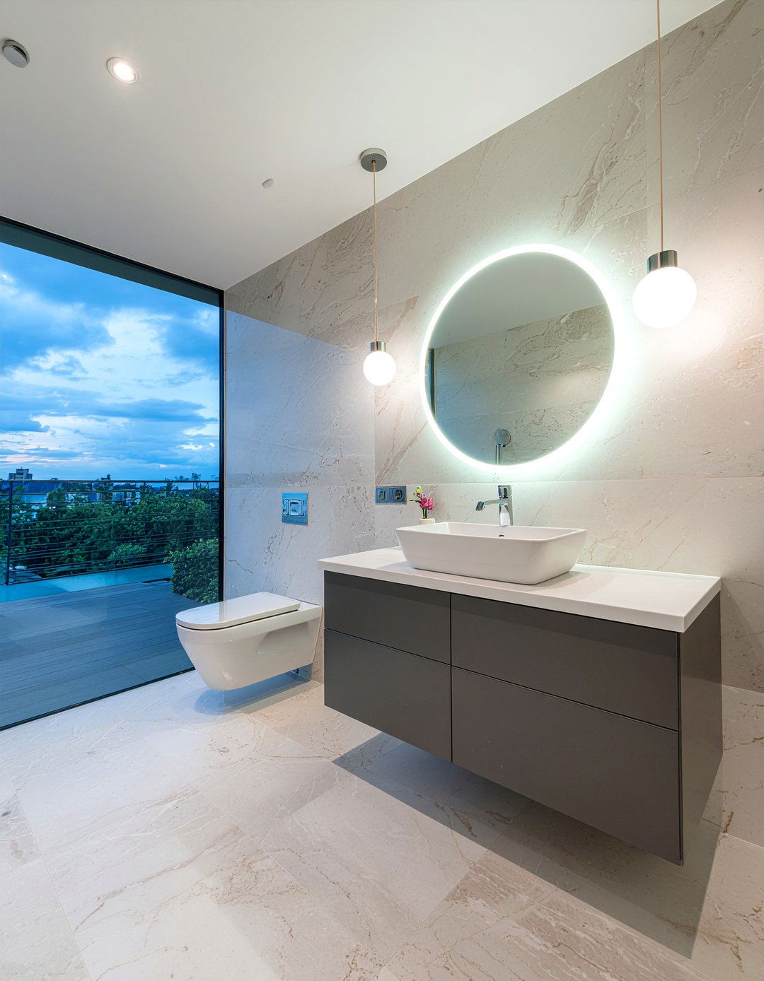 Polished limestone vanity wall - 30 limestone tile bathroom ideas