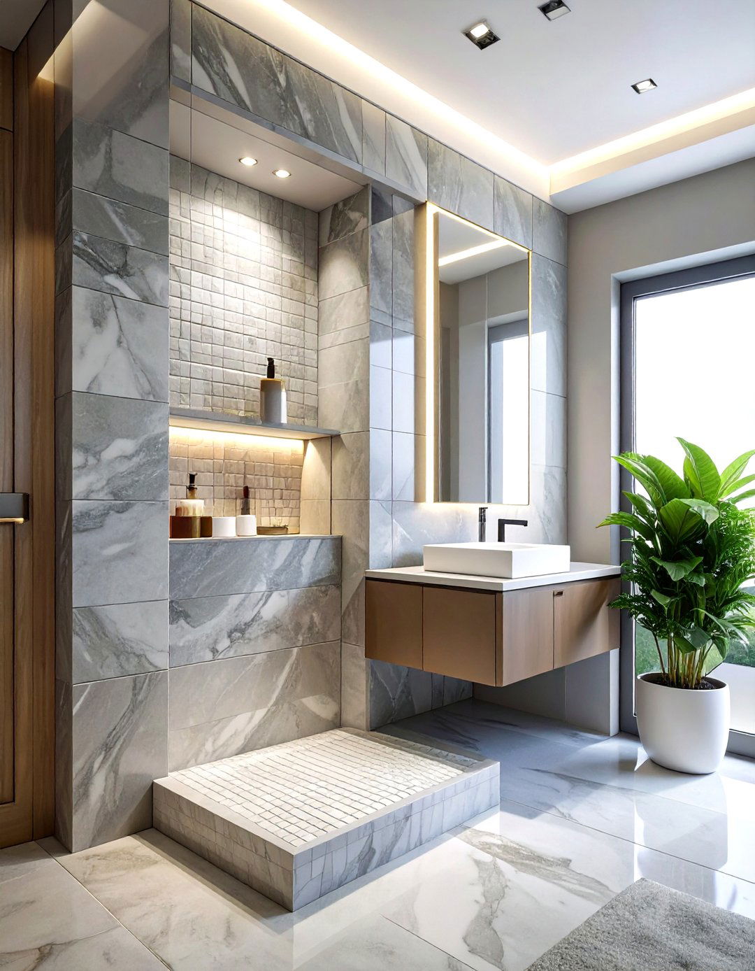 Polished marble mosaic shower niche - 30 stone mosaic bathroom ideas