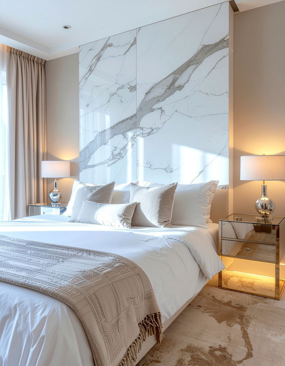 Polished marble wall - 30 bedroom stone wall ideas