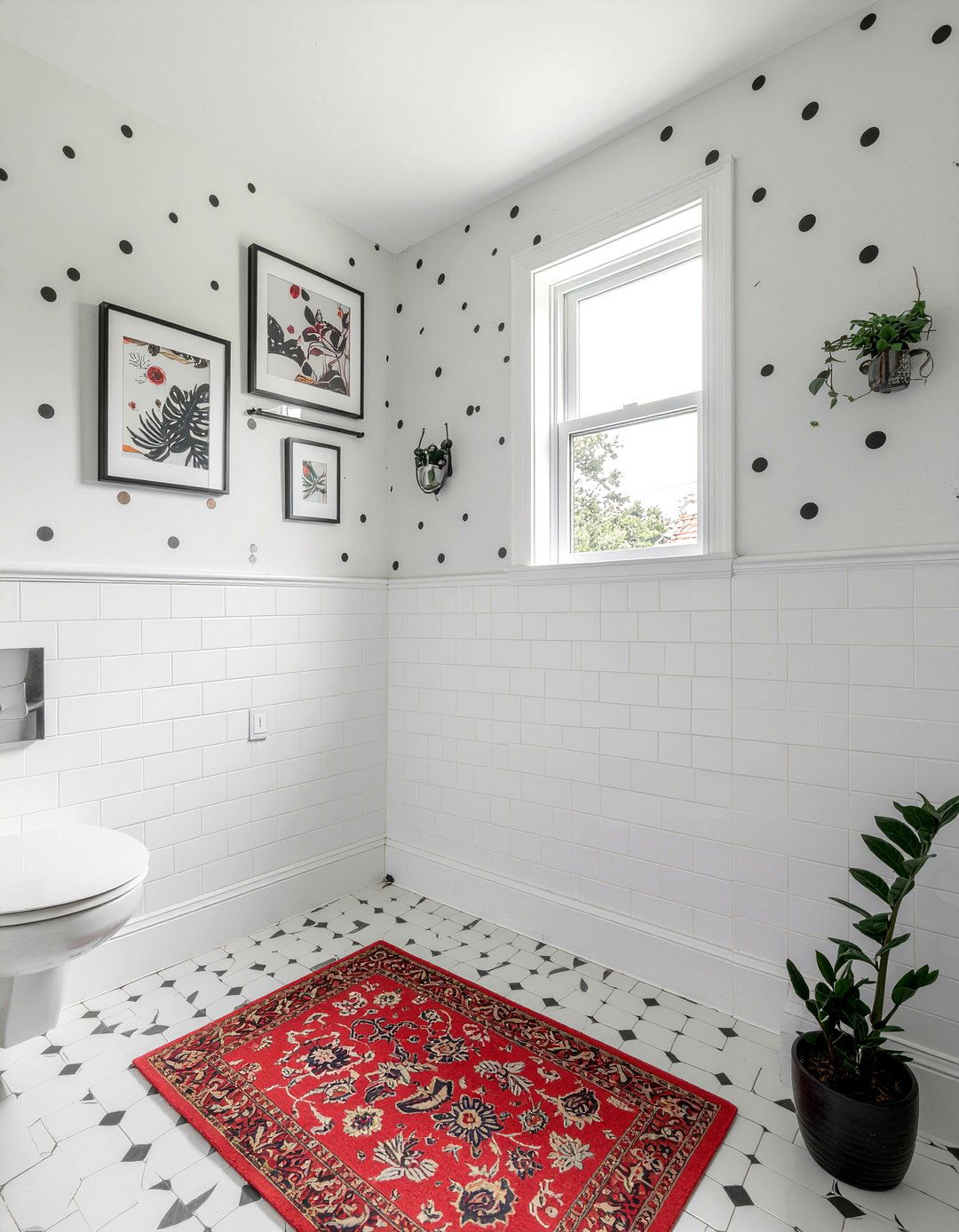 Polka dot wallpaper and square tile - 30 bathroom pattern mixing ideas