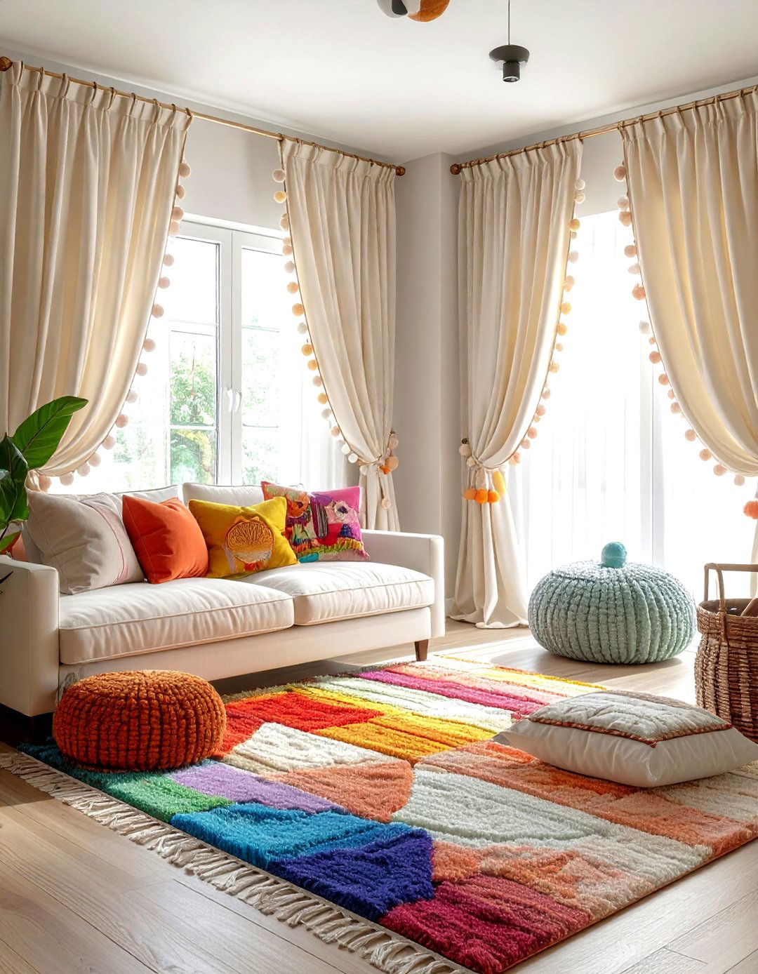 Pom pom trim curtains - 30 living room curtain ideas
