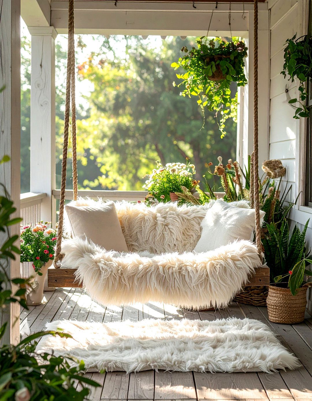 Porch swing with sheepskin rug accent - 30 sheepskin rug ideas