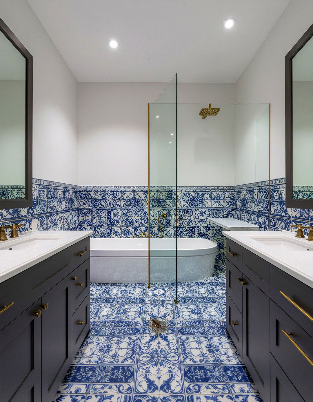 Portuguese tile and gold fixtures - 30 Portuguese tile bathroom ideas