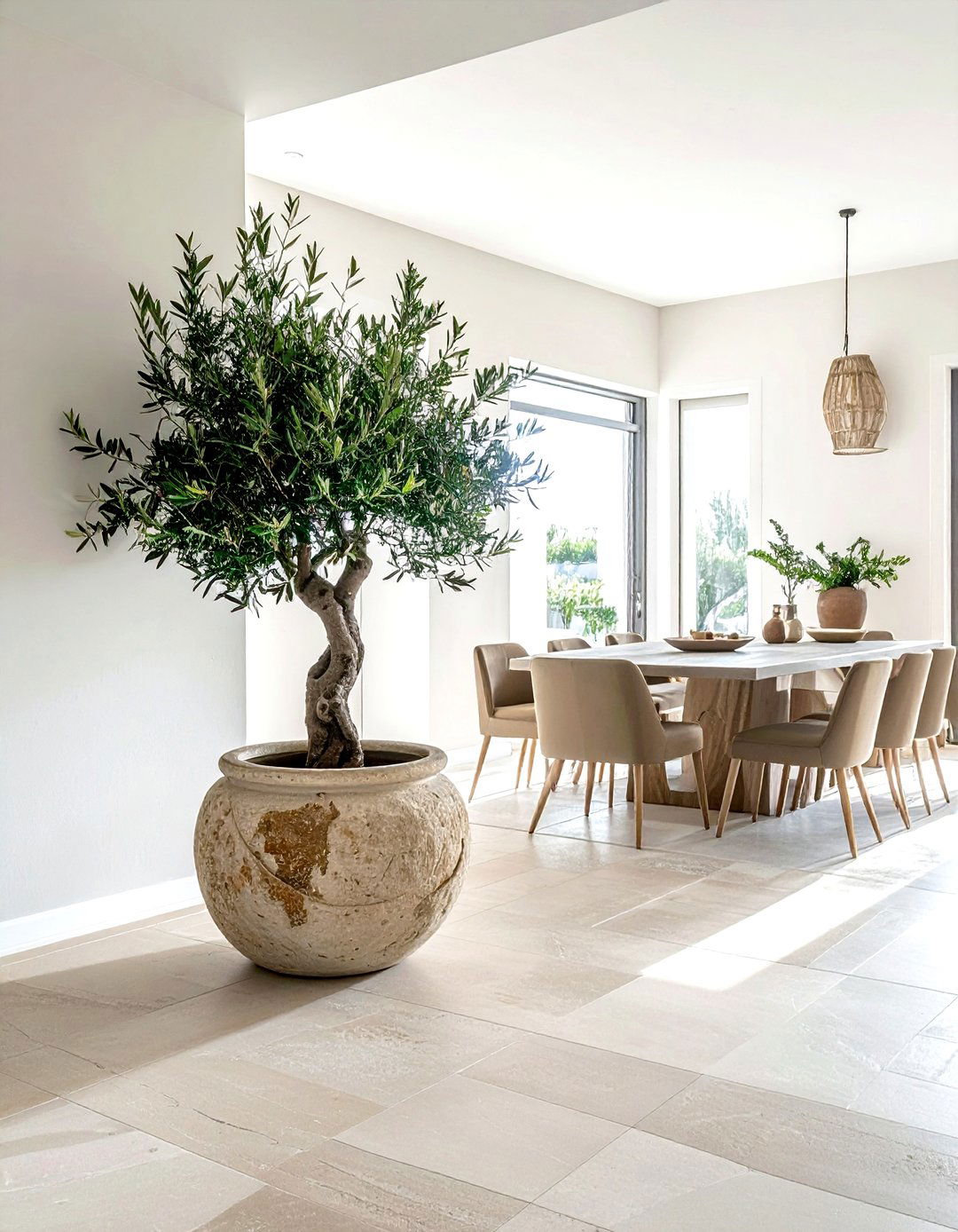 Potted Indoor Olive Tree - 30 warm neutral dining room ideas