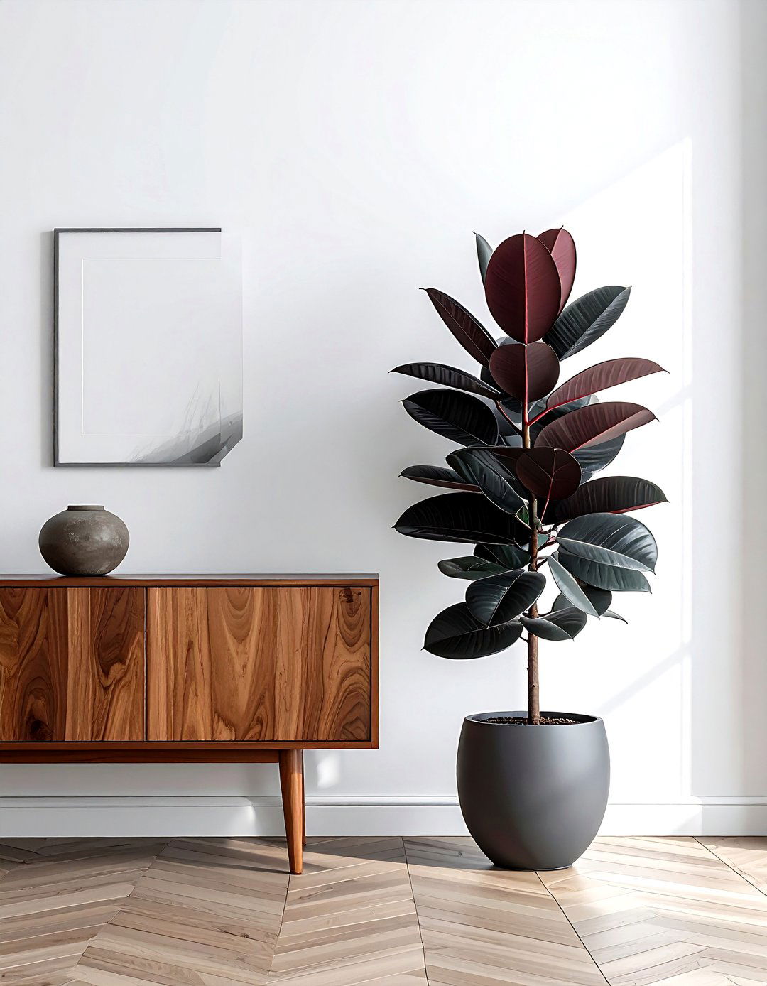 Potted Rubber Tree Next to Dining Buffet - 30 dining room indoor plant ideas