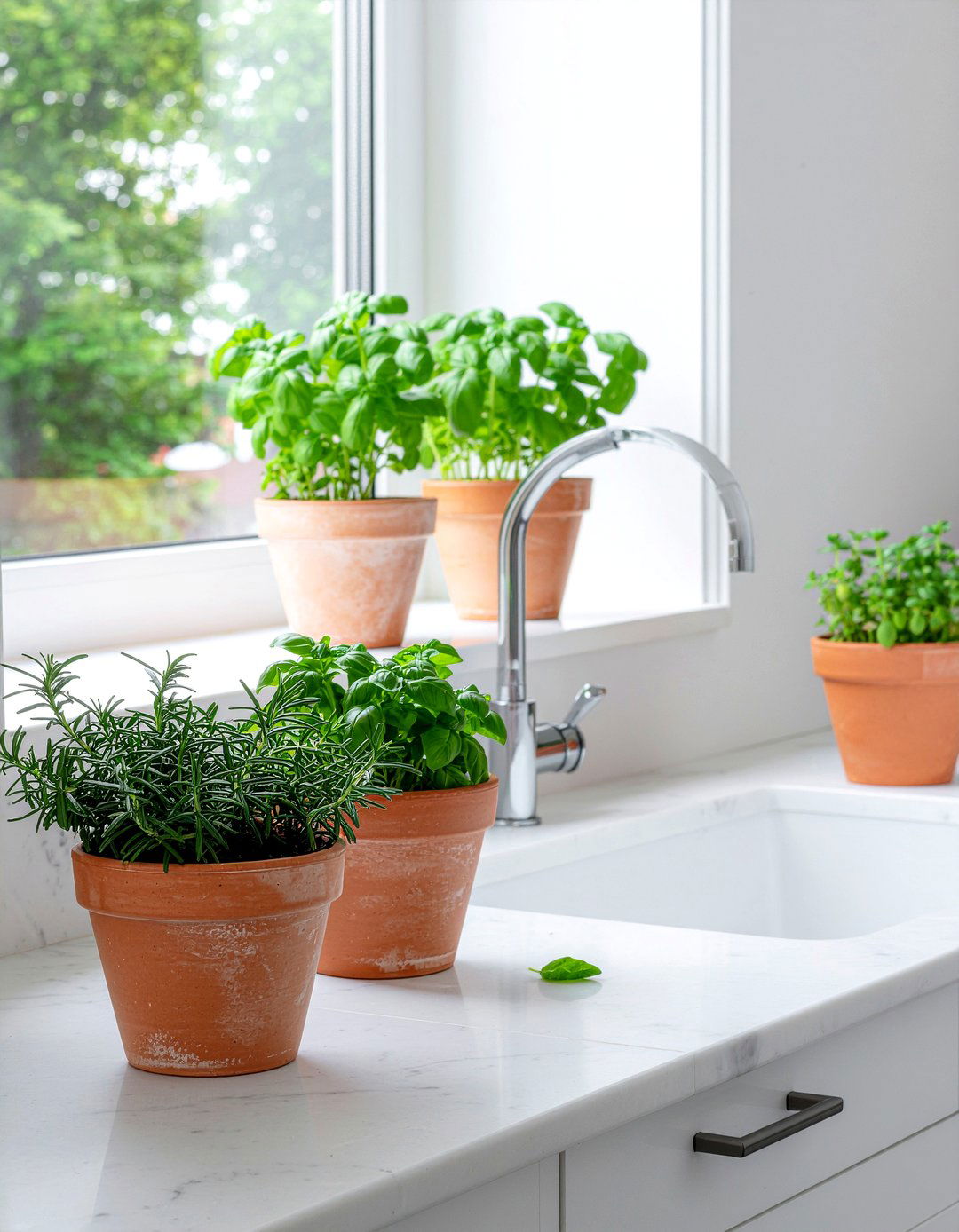 Potted kitchen herbs - 30 kitchen visual interest ideas