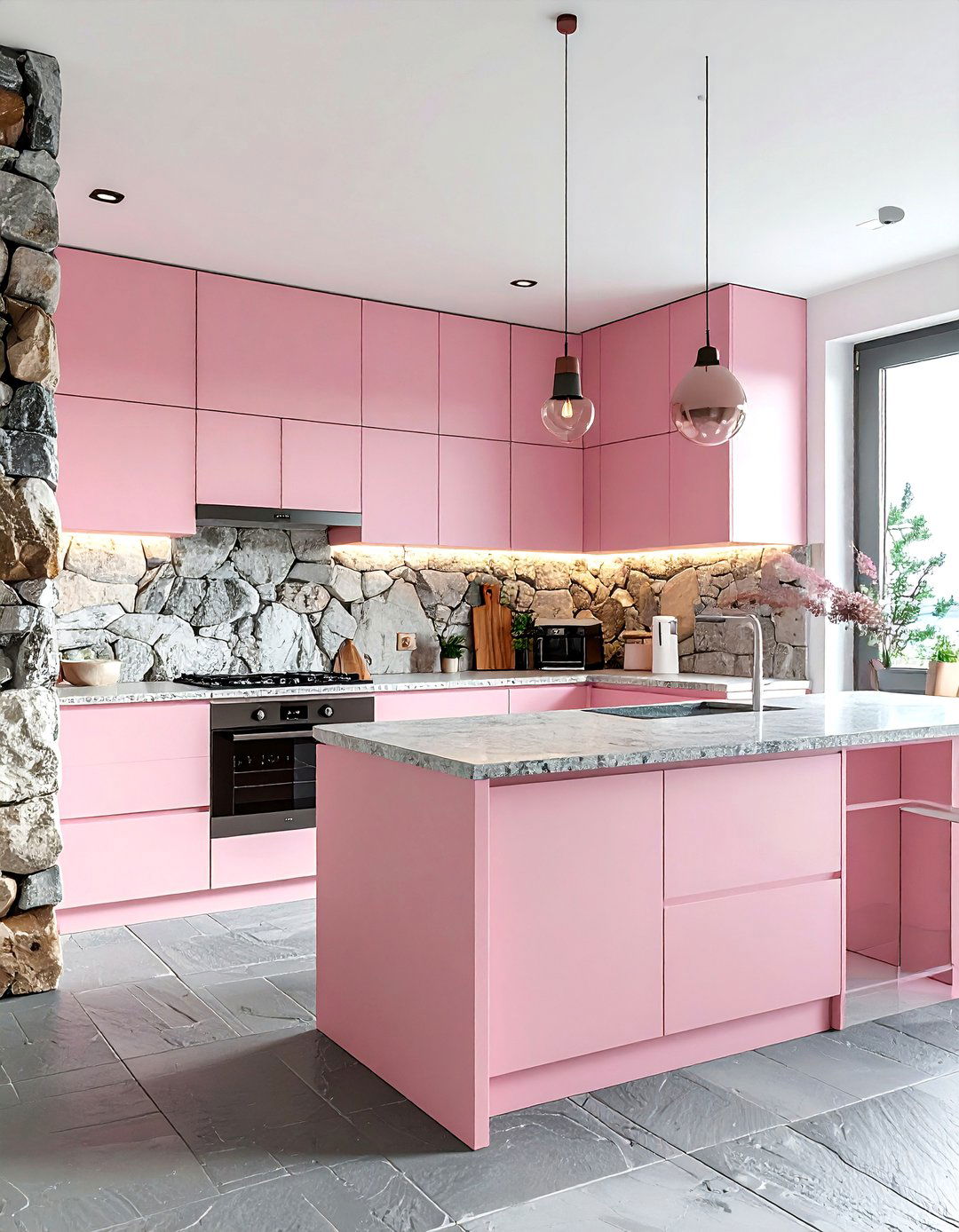 Powder pink and stone kitchen - 30 pink kitchen color schemes