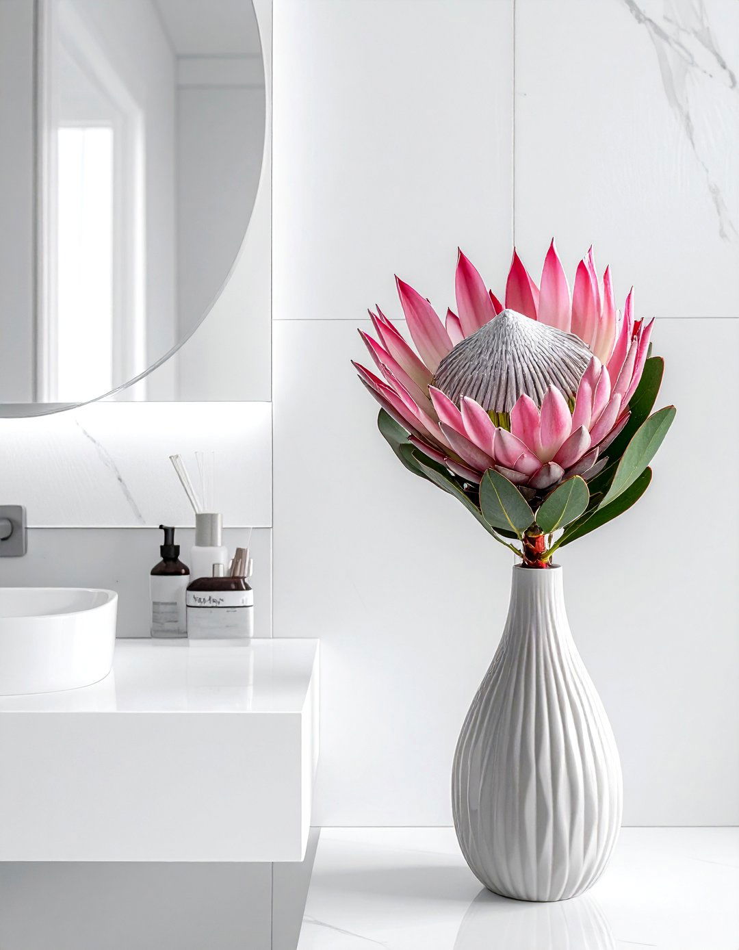 Protea Flower In Statement Vase - 30 bathroom flower arrangement ideas