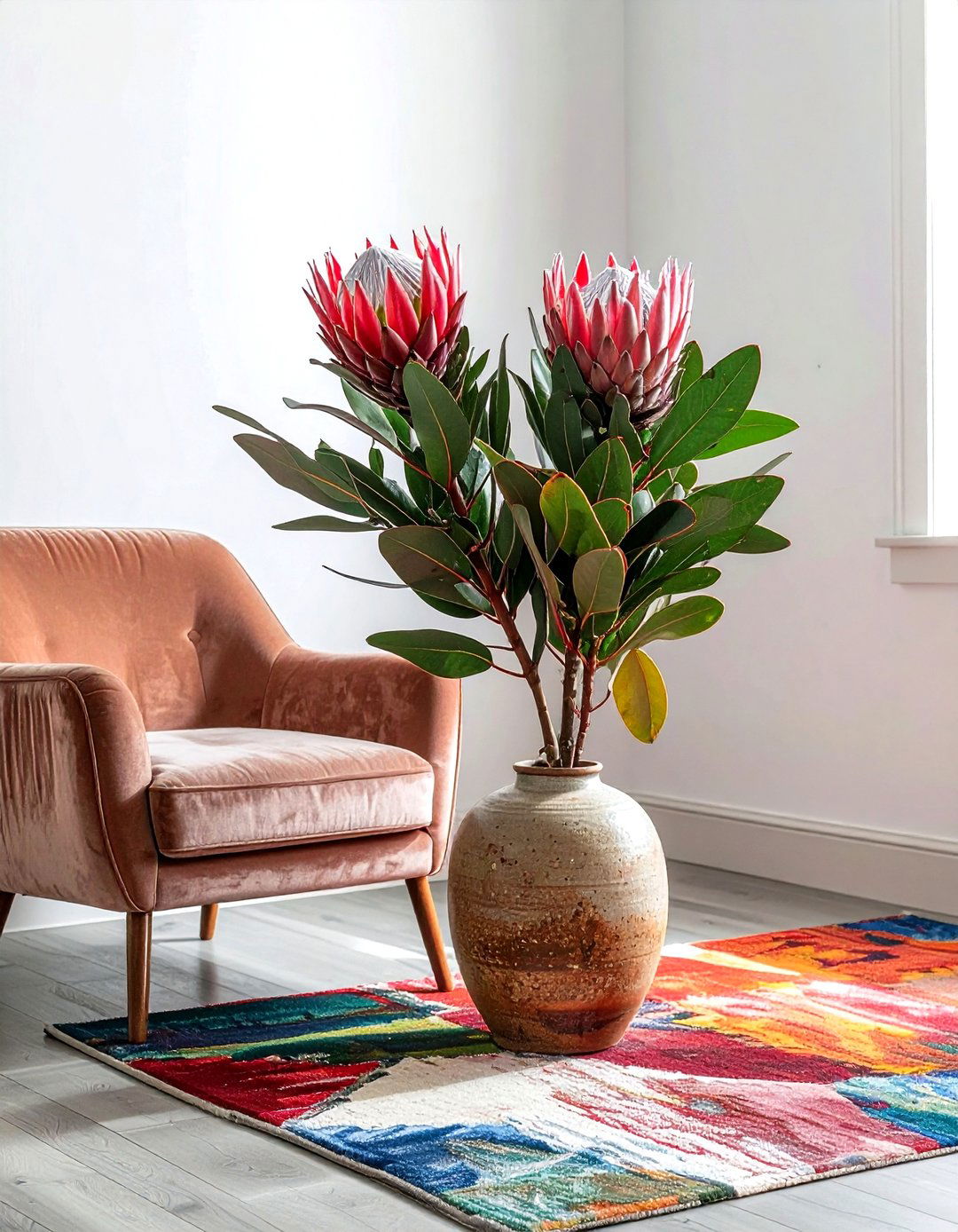 Protea in textured clay vase - 30 vase arrangement ideas