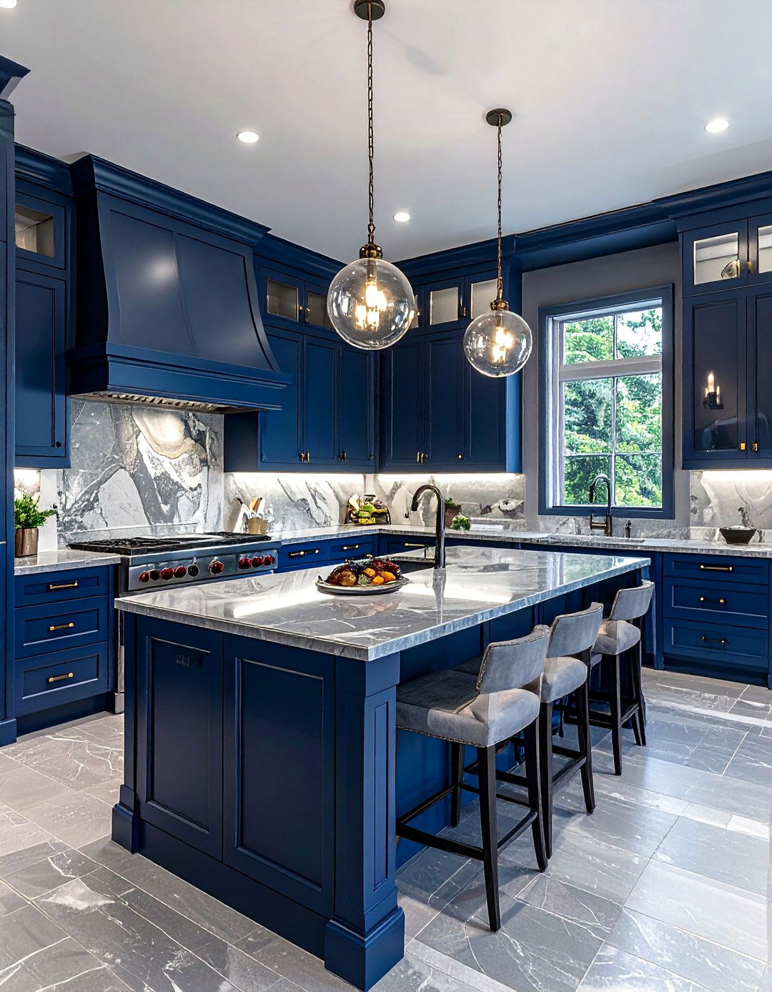 Prussian blue cabinets with silver gray stone - 30 blue and gray kitchen ideas