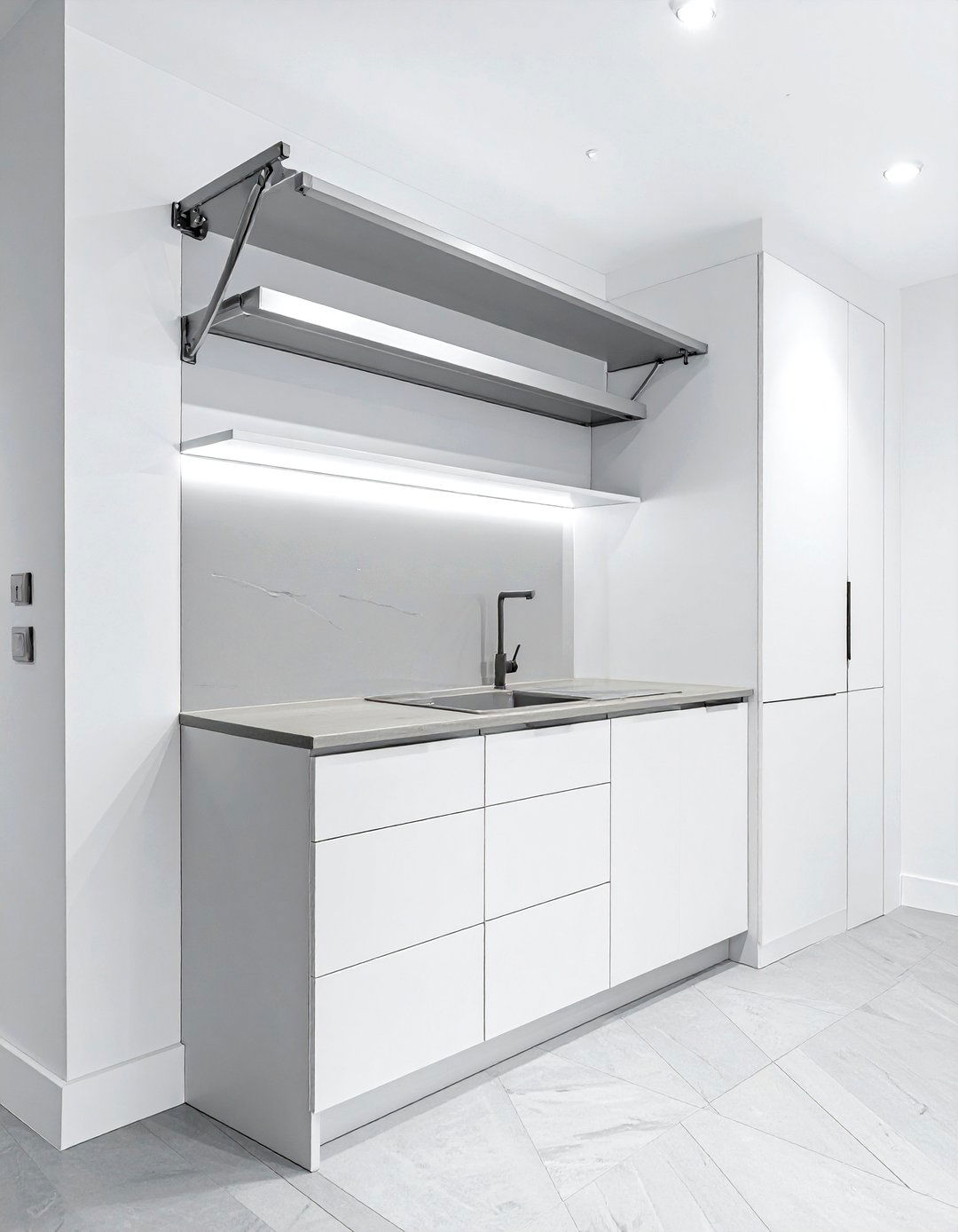 Pull down wall cabinet system - 30 kitchen built-in storage ideas