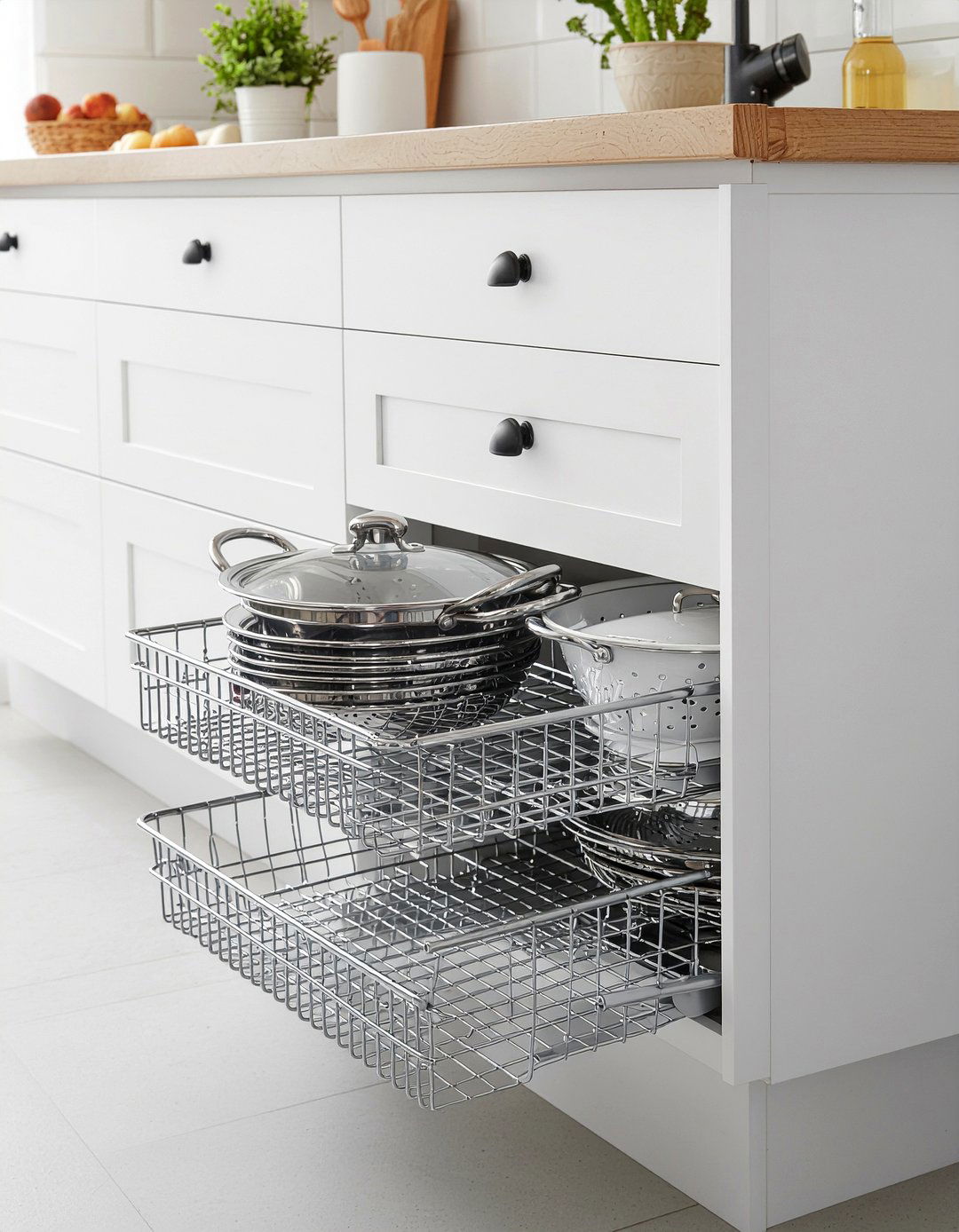 Pull out wire baskets - 30 pot and pan storage kitchen ideas