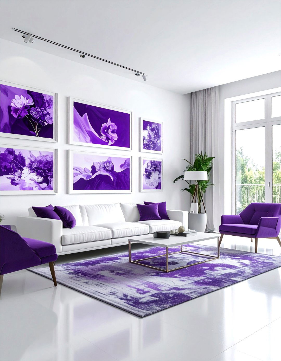 Purple and white art gallery wall - 30 purple and white living room ideas