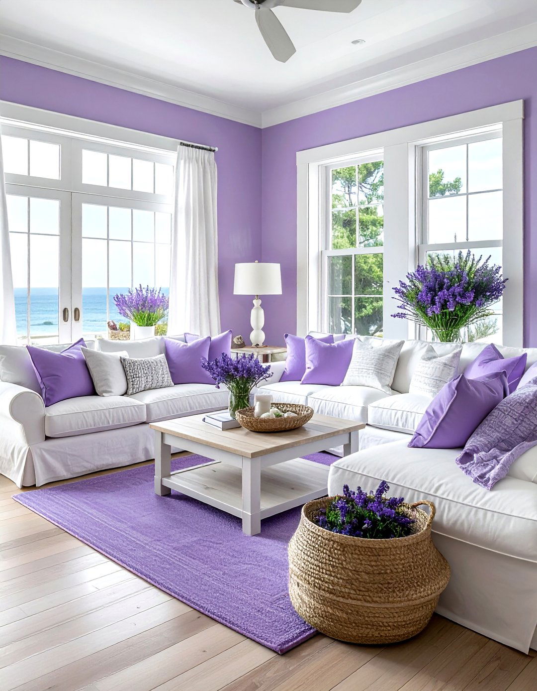 Purple and white coastal living room - 30 purple and white living room ideas