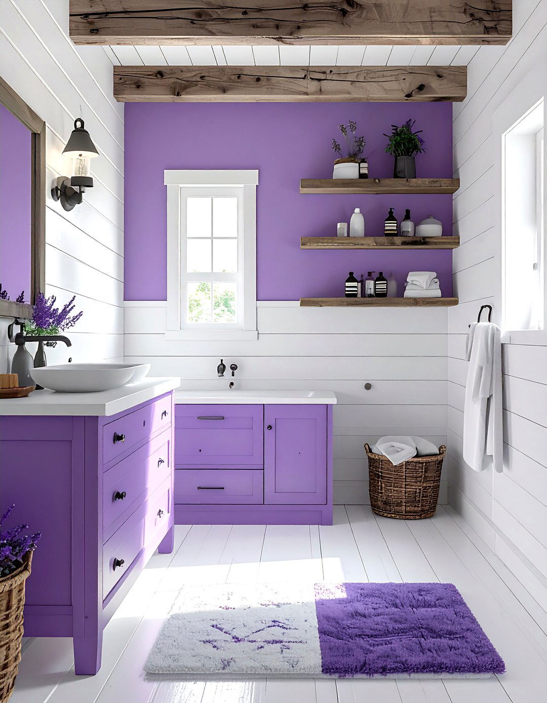 Purple and white farmhouse bathroom - 30 purple and white bathroom ideas