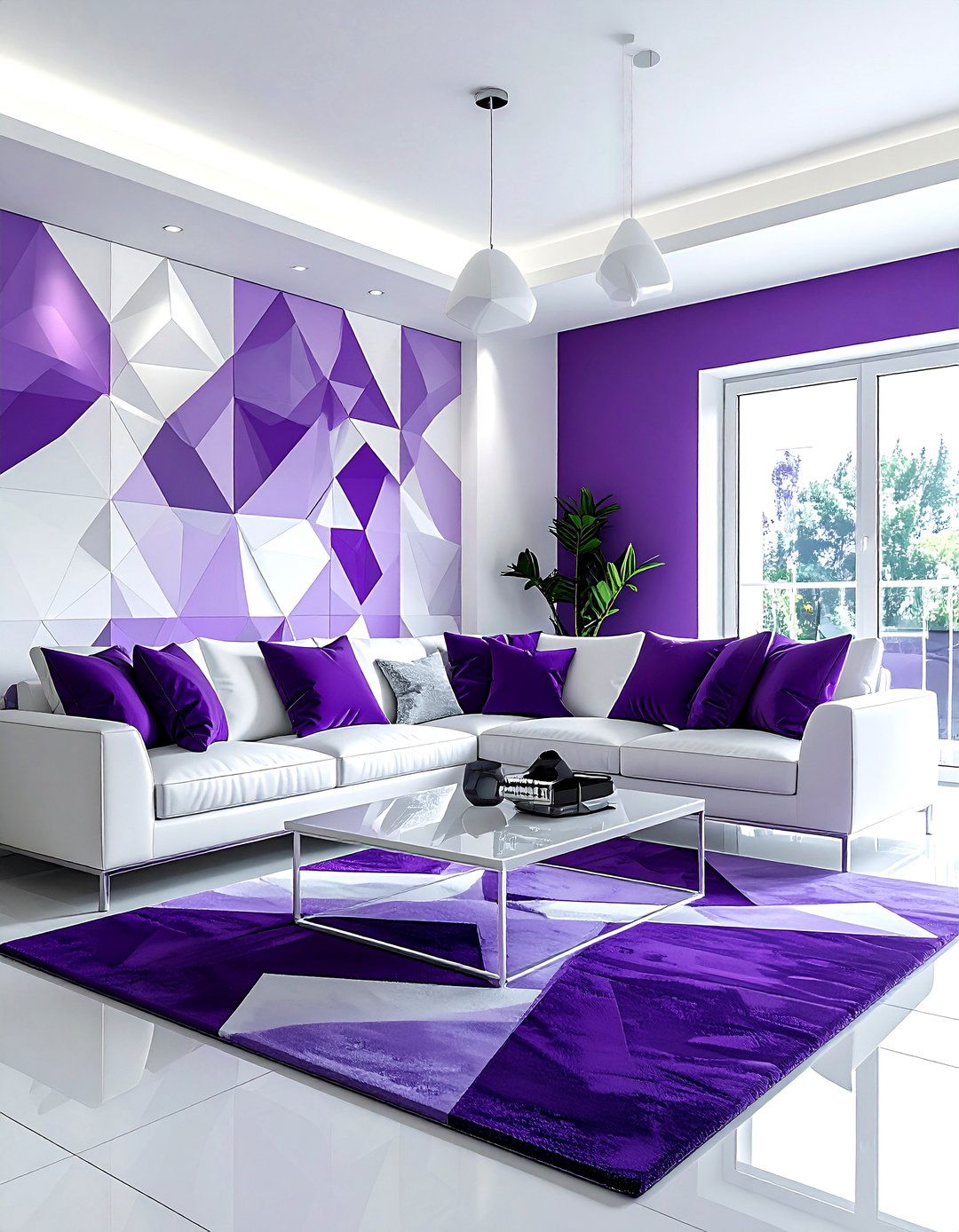 Purple and white geometric decor - 30 purple and white living room ideas