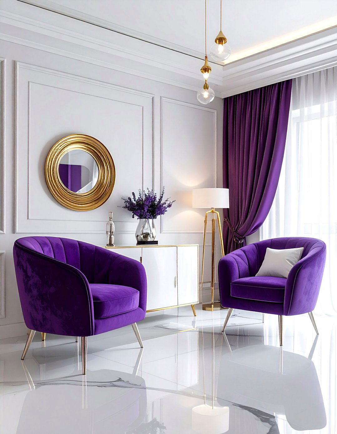 Purple and white metallic accents - 30 purple and white living room ideas