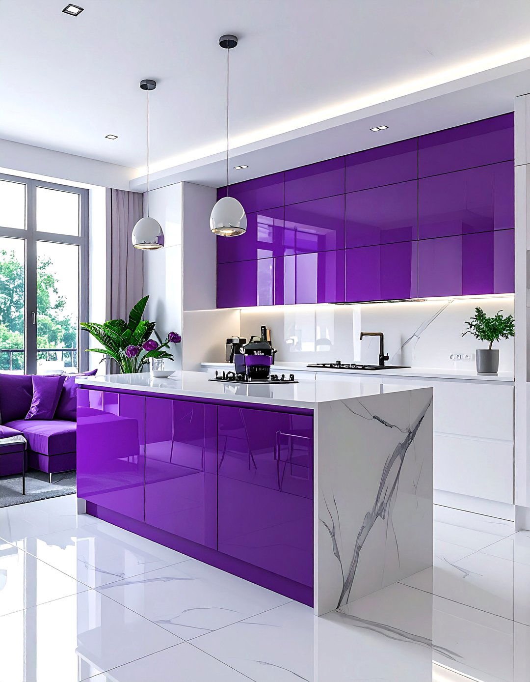 Purple and white open plan kitchen - 30 purple and white kitchen ideas
