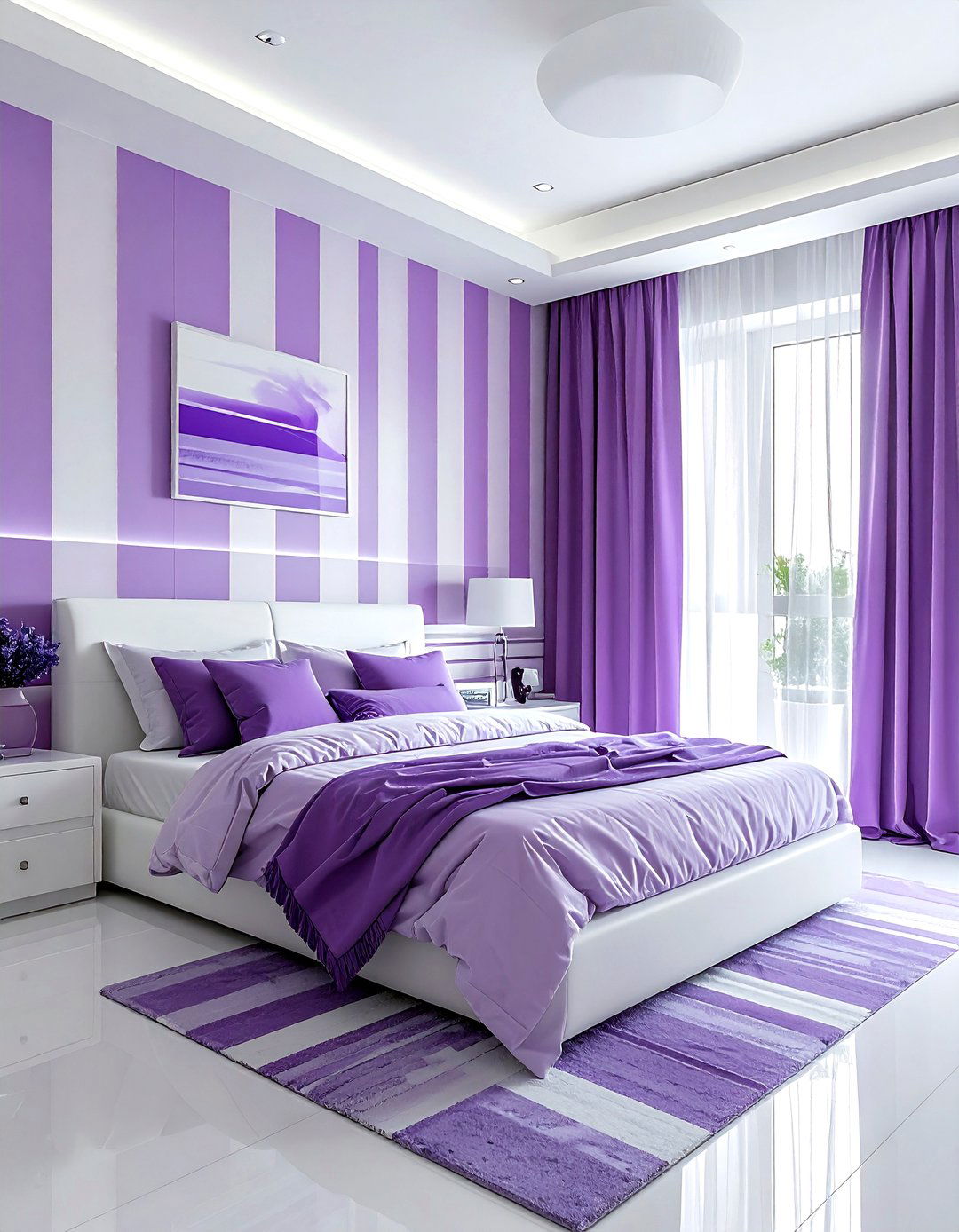 Purple and white striped bedroom - 30 purple and white bedroom ideas