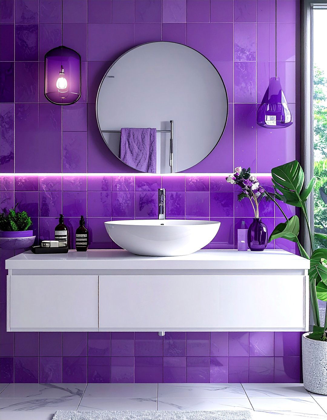 Purple and white vanity backsplash - 30 purple and white bathroom ideas