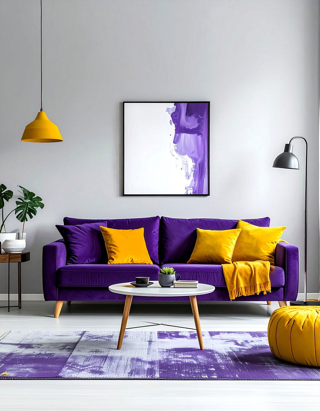 Purple and yellow living room - 30 purple living room ideas