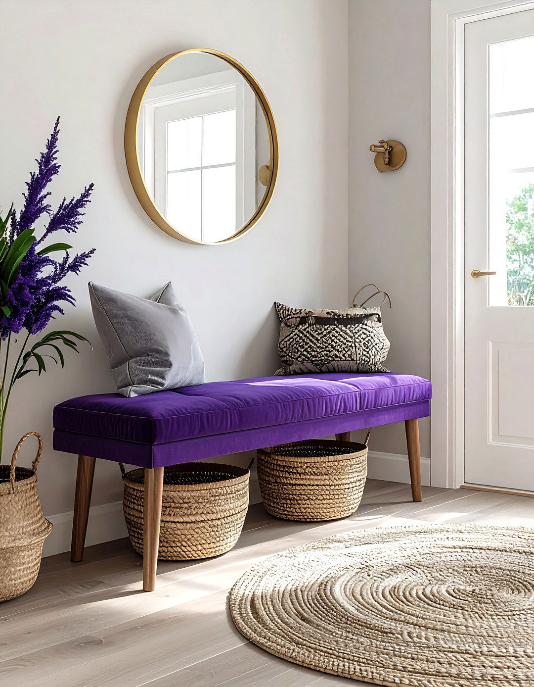 Purple entryway bench - 30 purple decor ideas