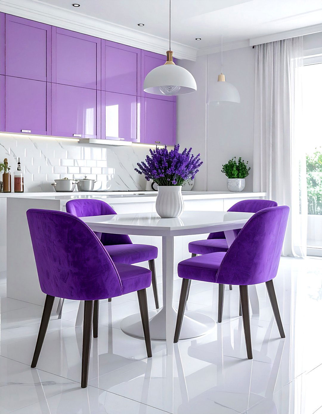 Purple kitchen chairs - 30 purple and white kitchen ideas