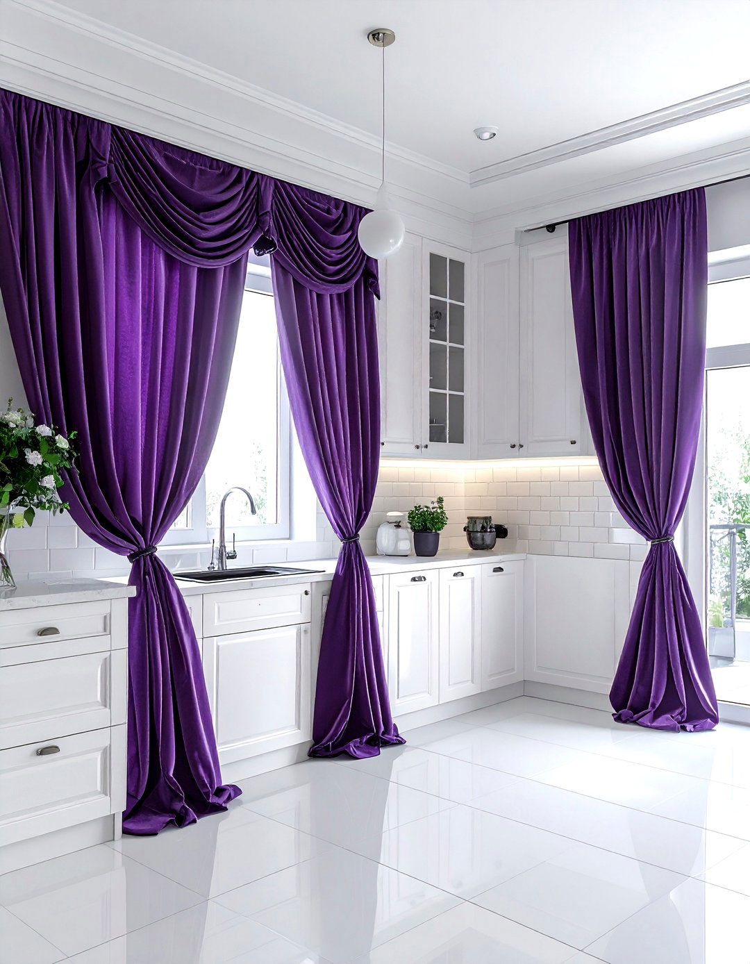 Purple kitchen curtains - 30 purple and white kitchen ideas