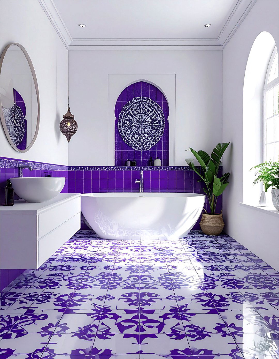 Purple patterned bathroom tiles - 30 purple and white bathroom ideas