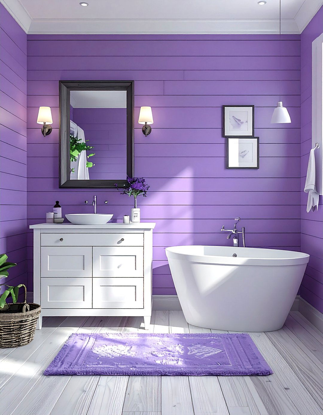 Purple shiplap bathroom wall - 30 purple and white bathroom ideas