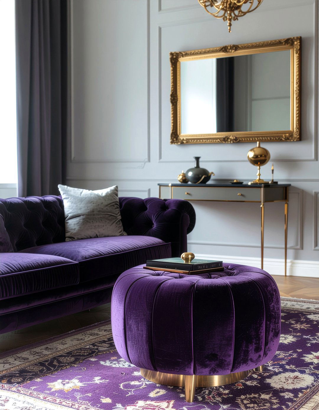 Purple velvet ottoman - 30 living room velvet ottoman ideas