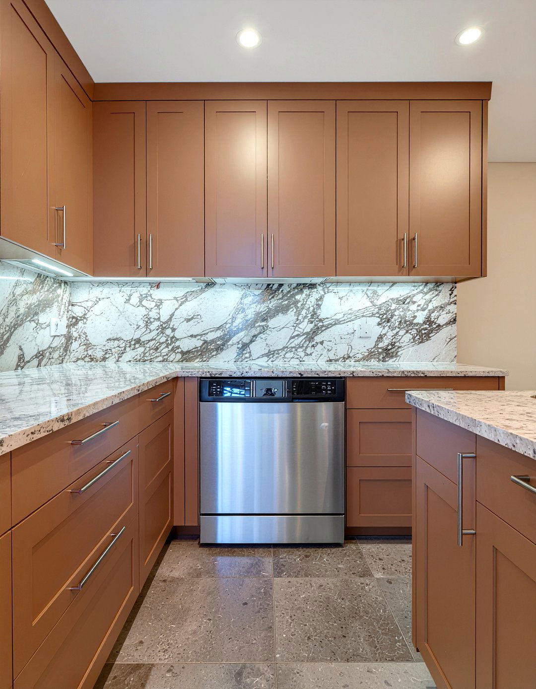 Quartz Countertop Backsplash - 30 panel-ready dishwasher kitchen ideas