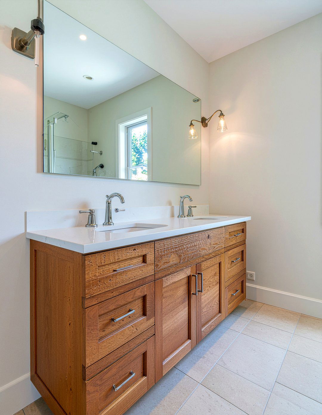 Quartz and wood bathroom cabinets - 30 bathroom material mixing ideas