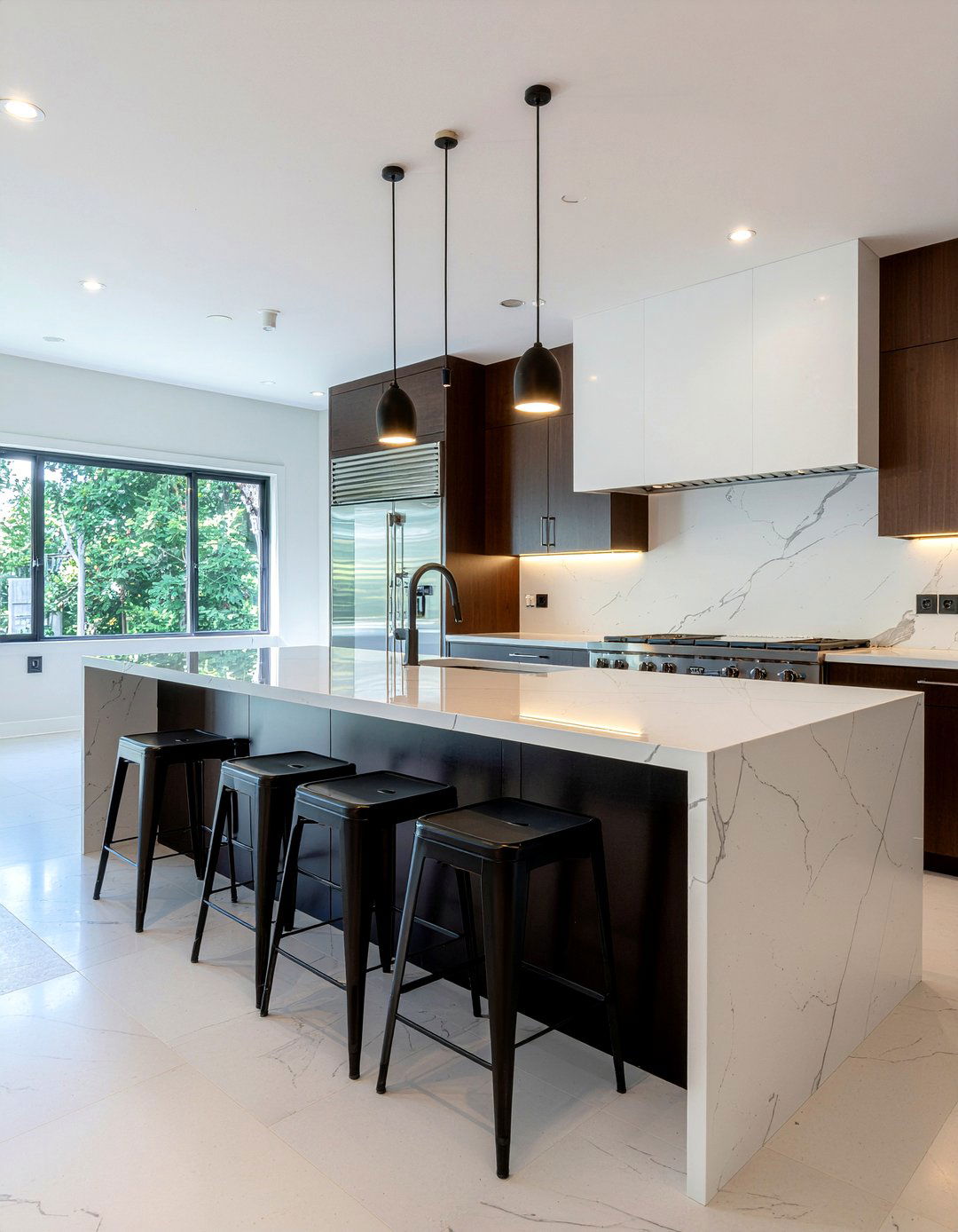 Quartz waterfall island - 30 quartz countertop kitchen ideas