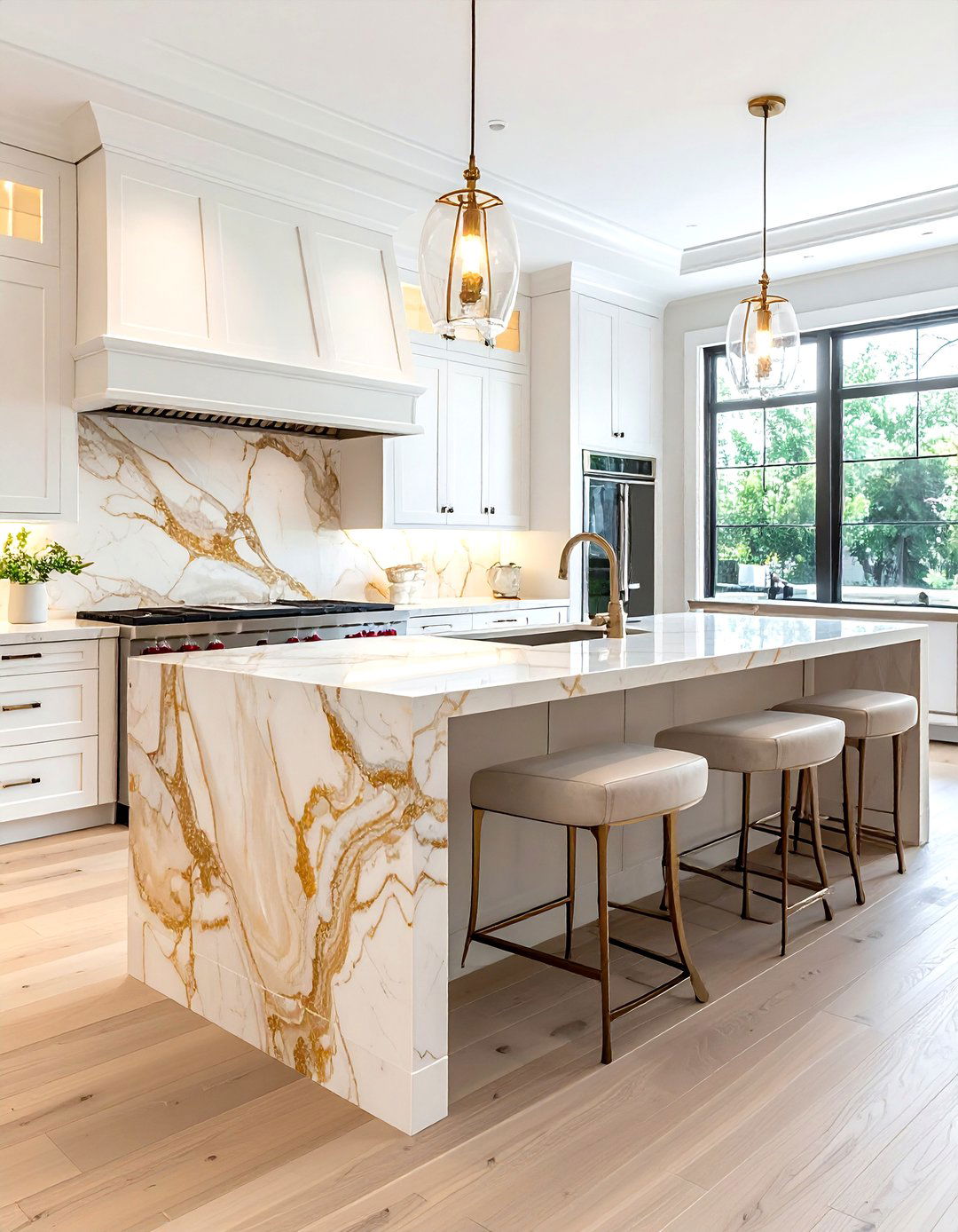 Quartzite waterfall kitchen island - 30 waterfall countertop kitchen ideas