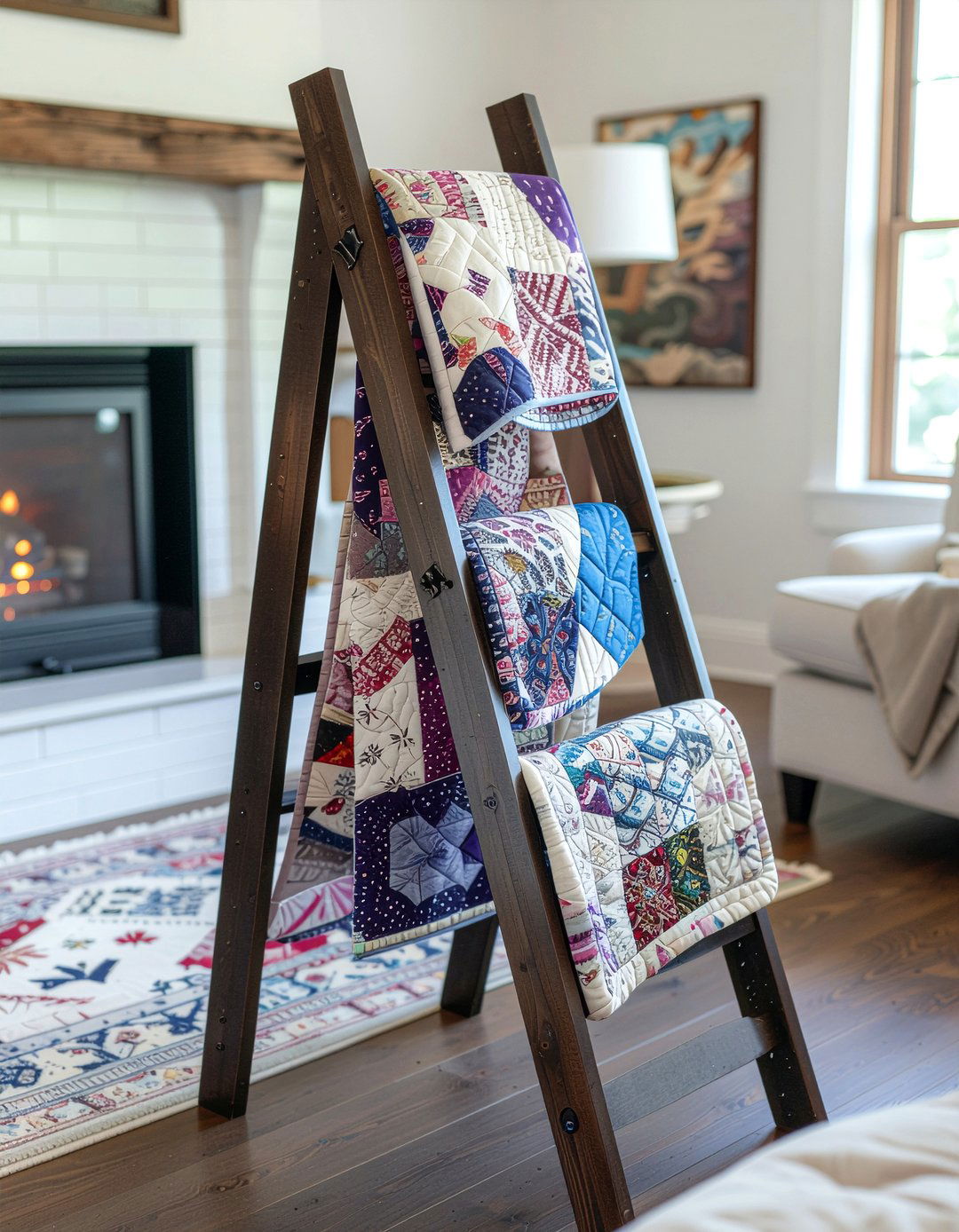 Quilt ladder display - 30 thrifted living room ideas