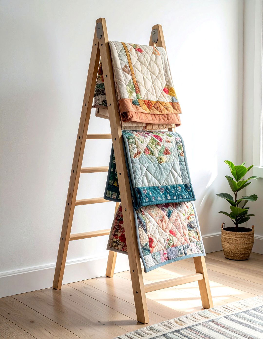 Quilt ladder for handmade blankets - 30 heirloom display ideas