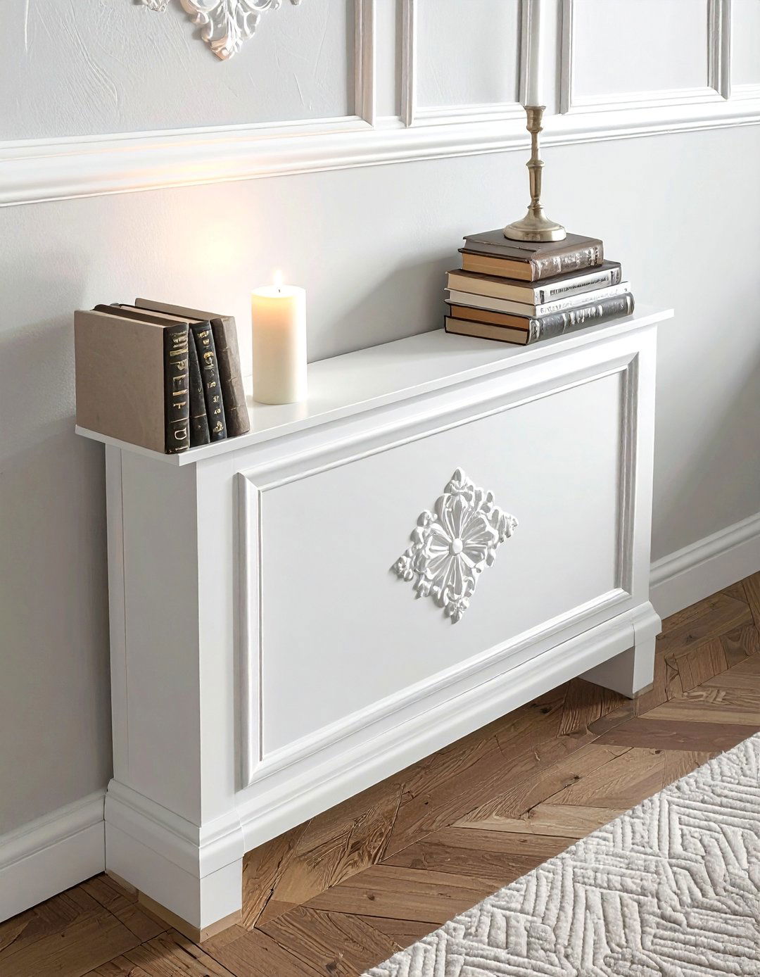 Radiator cover with shelf - 30 bedroom storage hacks