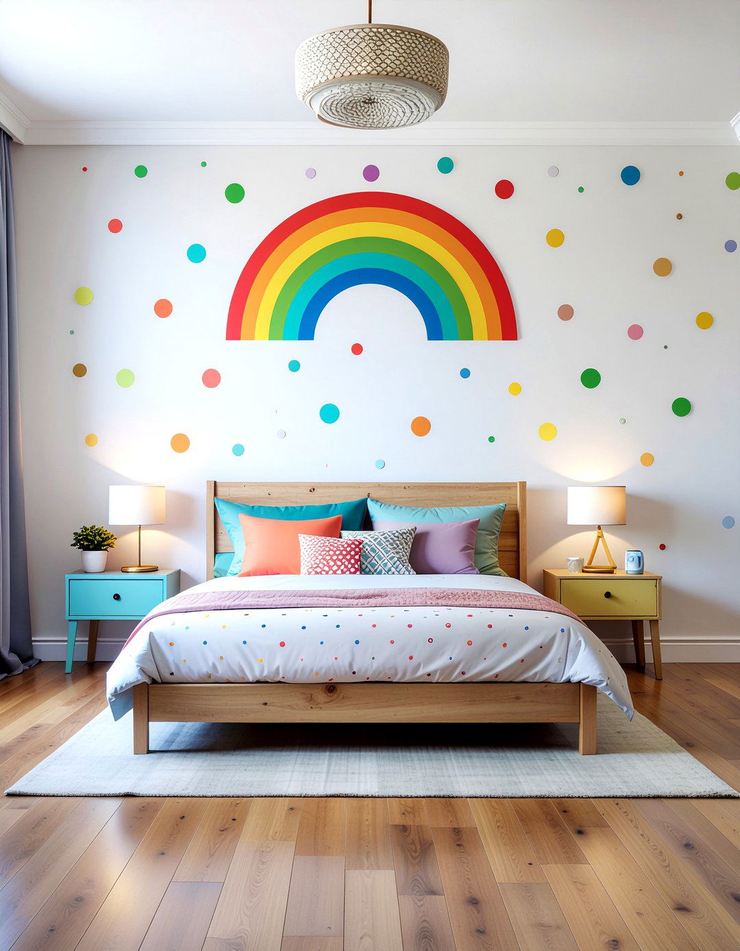 Rainbow Polka Dot Wall - 30 rainbow bedroom ideas