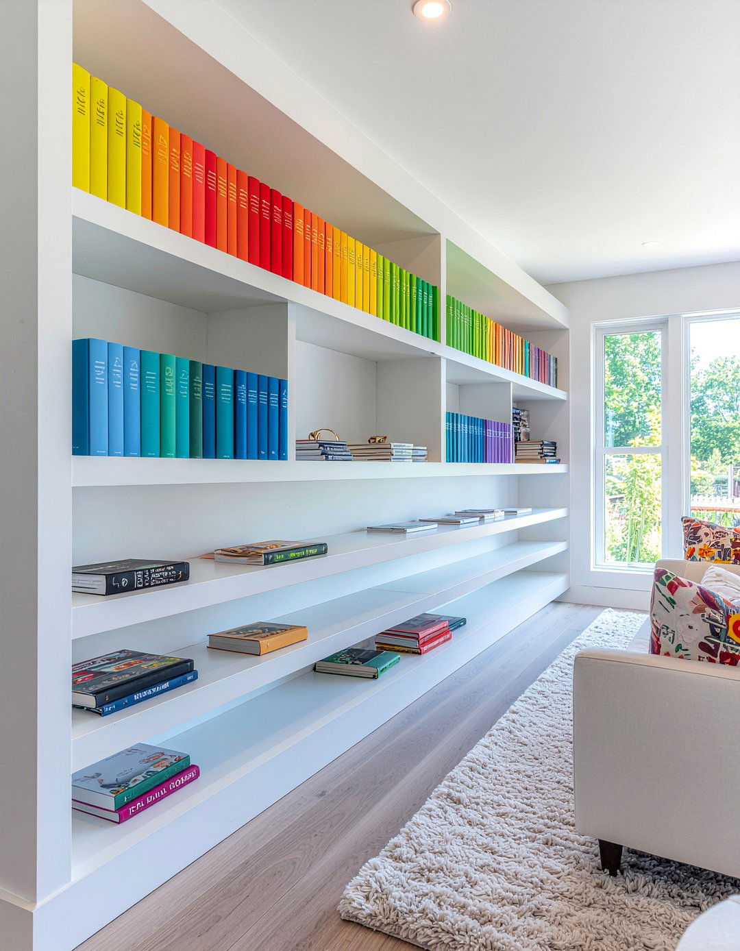 Rainbow book arrangement - 30 living room bookshelf styling ideas
