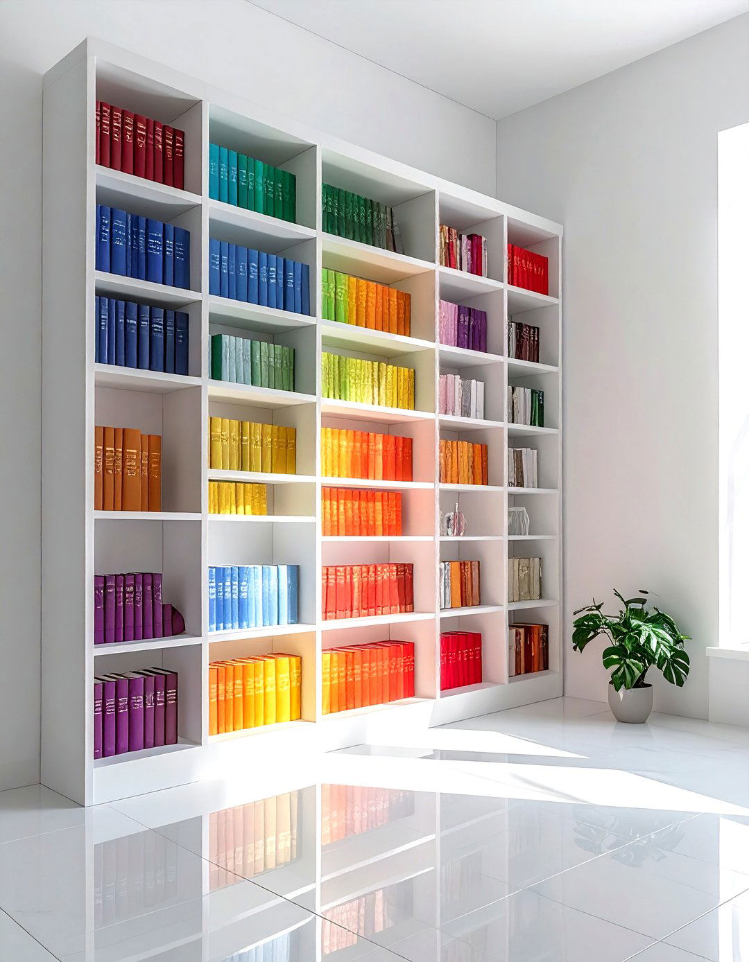 Rainbow color book arrangement - 30 book collection display ideas