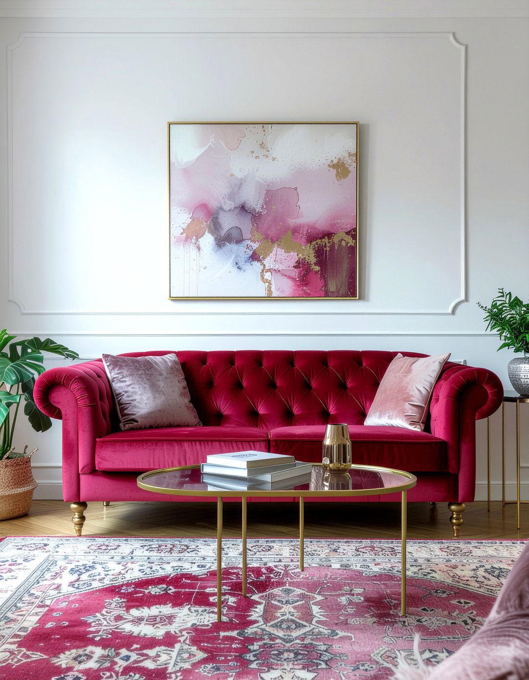 Raspberry velvet sofa - 30 berry living room ideas